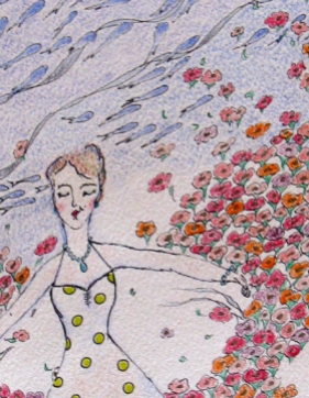 'Floating with flowers and fish' by Clare Bryant. A drawing with pen and watercolour pencil wash on Arches paper.